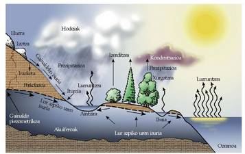 Ziklo hidrologikoa. Argi energiaren eta energia grabitatorioaren bidez mugitzen den sistema itxi baten eredua.<br><br>